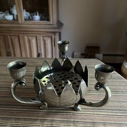  Vintage Silverplate Lotus Flower Centerpiece with Triple Arm Candle Holders – Ornate Pedestal Bowl & Candelabra 