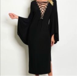 SALE Black Lace-Up Midi Dress with Bell Sleeves