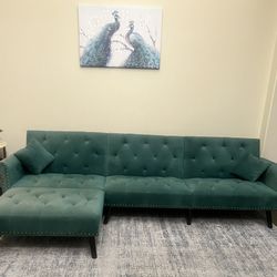 Elegant Green Velvet Sectional L- Shaped Convertible Sleeper Sofa Bed