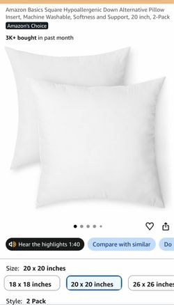 Amazon Basics 20x20 Pillow Inserts, 2-Pack