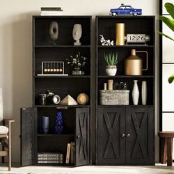 Set of 2 Industrial Bookshelves and Bookcases with Doors and Shelves 11.8in Deeper engineered-wood,
