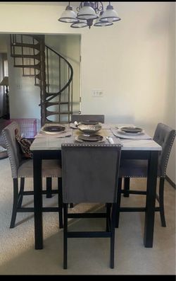 Celeste 5 piece Faux Marble Top Square Counter Dining Set, grey