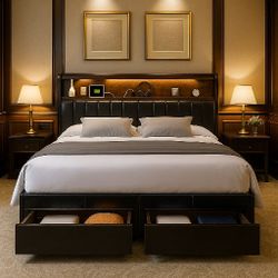 King Bed Frame with Headboard, Upholstered Platform Bed Frame with Charging Station & 2 Storage Drawers, Sturdy Wooden Slats Support, No Box Spri