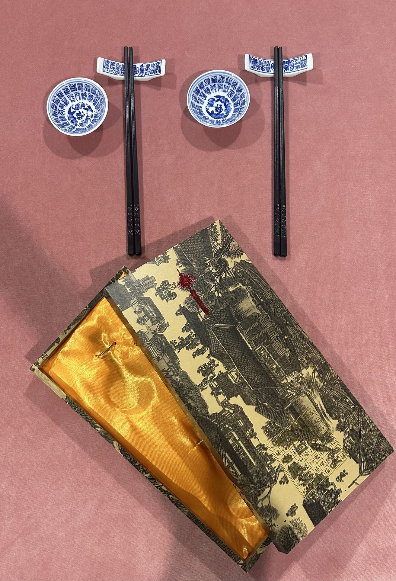 Vintage Japanese Teacup Set With Chopsticks, Chopstick Holders And Case