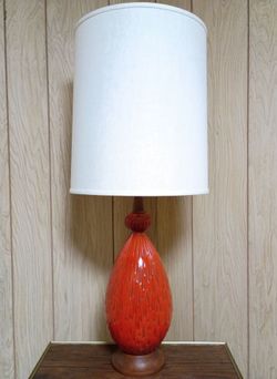 Mid Century Modern Vintage Orange Ceramic & Wood Table Lamp