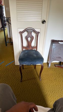 Antique Carved Wood Chair with Blue Velvet Seat