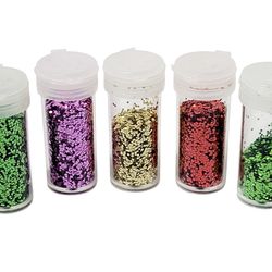 (Lot Of 5) Assorted Glitter Tubes Chunky/Coarse (4) Colors Purple/Gold/Red/Green. 
One tube half full. These glitter shakers are designed for arts and