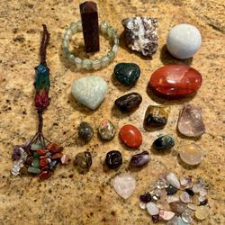Assorted Raw and Polished Crystals Including Bracelet, Tower, Egg, Hearts, Palm Stone, Tumbles, Chips, 