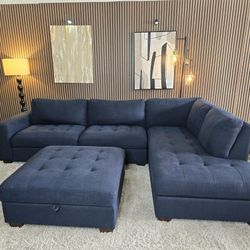 3 Piece Thomasville Miles Fabric Sectional with Storage Ottoman Navy Blue