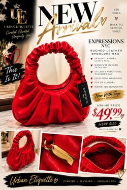 Expressions NYC Women’s Red Solid Crescent Shoulder Bag, Zip, Gold Hardware