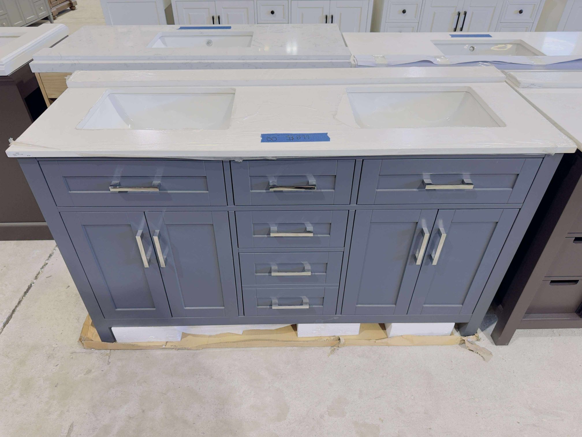 “60” Brand New Beautiful Bathroom Vanity in Marine Gray double sink Soft Close Solid Wood 5 drawers and 4 doors and electrical outlets included