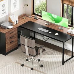61 Inch L-Shaped Executive Office Desk with Lockable File Cabinet & Power Outlets – Reversible