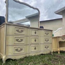 Vintage French Provincial Bedroom Set Dresser With Mirror Upright Chest Nightstand 61”Lx20”Wx33”H Dresser 24”Lx15”Wx24”H Nightstand  34.5”Lx18”Wx47”H 