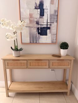 Wood and Rattan Console Table with Drawers
