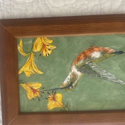Original oil, painting, signed by artist Humming Bird Sips honeysuckle