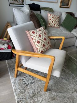 Wide mid century upholstered accent chair ivory and wood