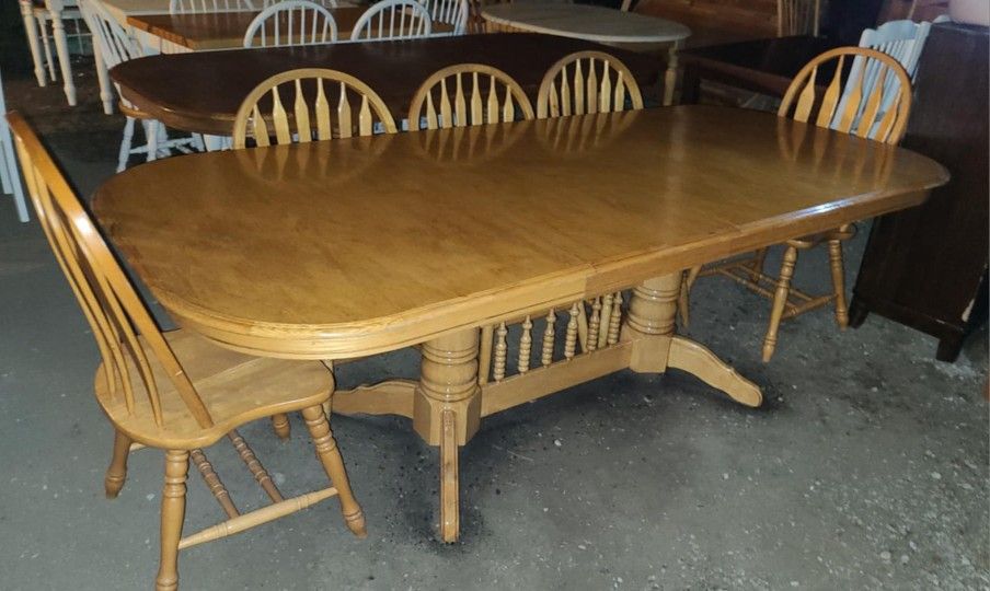 Long Oak Dining Table Double Leaf /Solid Oak/ 8 Feet Long/ Farmhouse/ Country/ Rustic/ Wood / 10 Chair Set Up