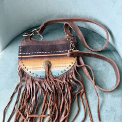 Small purse, leather and southwestern design canvas, crossbody bag with long fringe. NEW