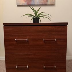 2-Drawer Reddish Brown Wood Finish Cabinet.