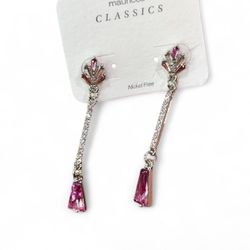 Maurices Classics Pink Crystal Drop Earrings Silver Tone - New on Card