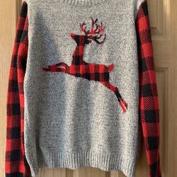 Christmas Sweater - Gray w/ Red & Black Buffalo Check Plaid Reindeer and Sleeves - Holiday Top Women’s Size Large Bella Du Jour Ugly Christmas Sweater