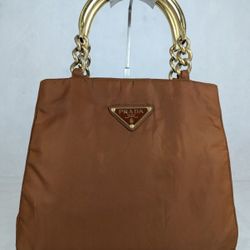  𝐏𝐫𝐚𝐝𝐚  Milano  Nylon Metal Handle Tote Bag Brown