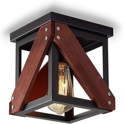 Rustic Vintage Fence Ceiling Light Fixture, 1-Light Semi Flush Mount Ceiling Light, Metal and Wood Fixture for Hallway, Kitchen, Entryway, Black
