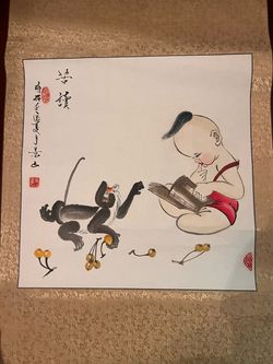 Chinese Ink Painting Scroll Boy and Monkey