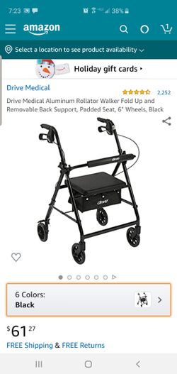 Drive Medical Aluminum Rollator Walker Fold Up and Removable Back Support, Padded Seat, 6" Wheels, Black