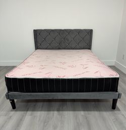 Beautiful Queen Size bed dark gray. Velvet. Mattress included for free. Delivery available for an additional cost.