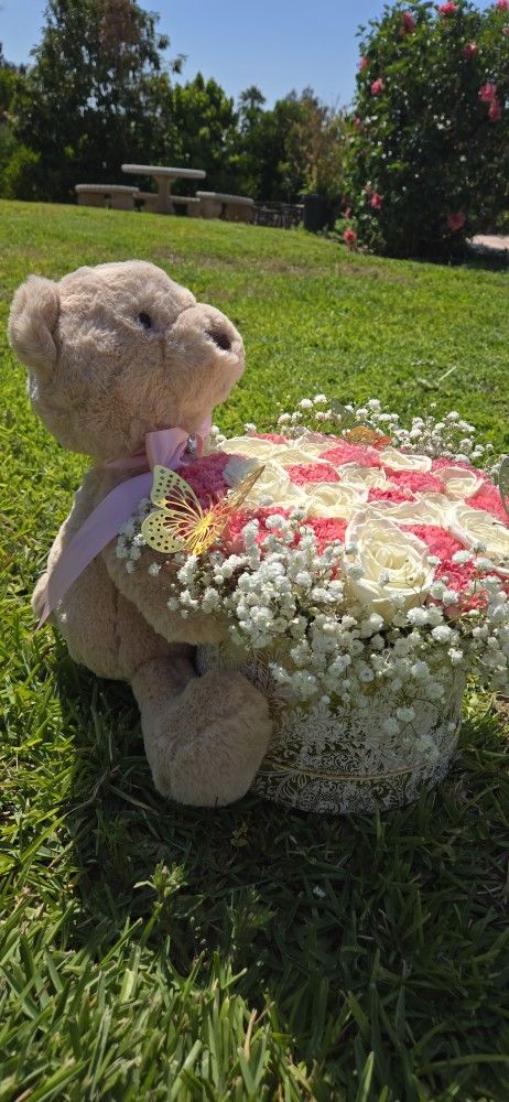 Fresh Flowers and Teddy Bear Arrangement