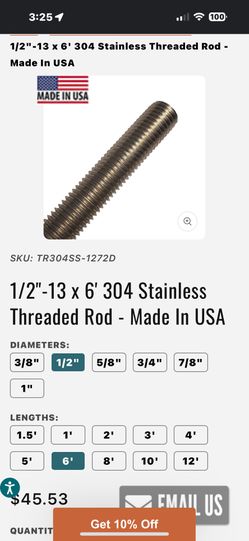 1/2” Stainless Steel Threaded Rod