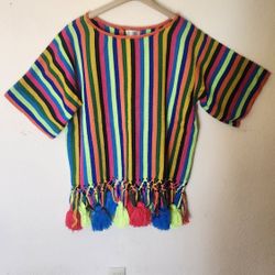 Funky Vintage Colorful Mexican Top W/ Fringe 