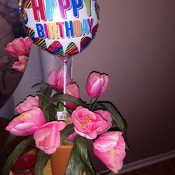 Happy Birthday Bouquet In 12"Clay Vase With Balloon