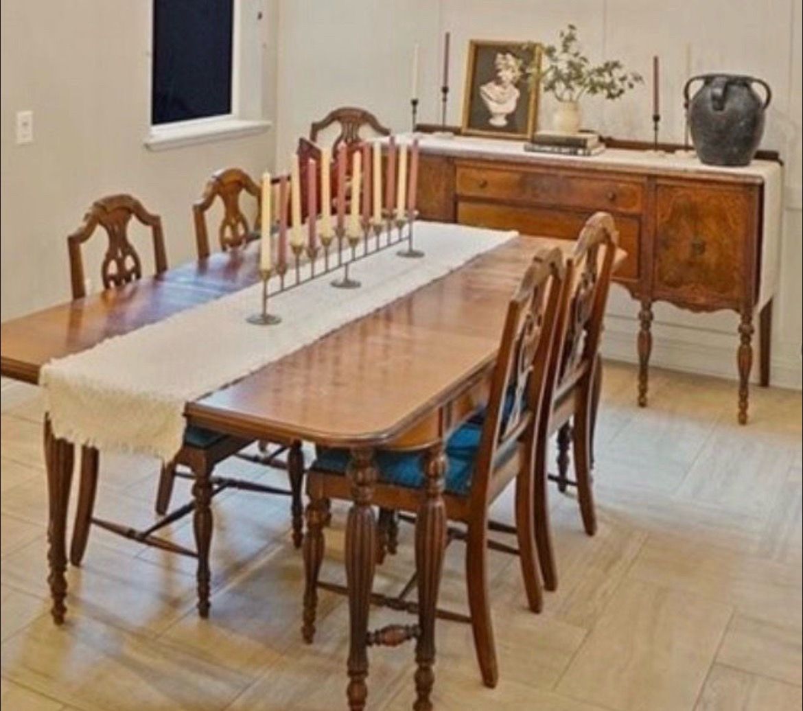 Antique table with chairs and buffet hutch