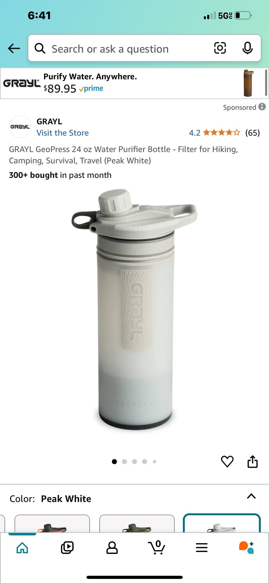 GRAYL GeoPress 24 oz Water Purifier Bottle - Filter for Hiking, Camping, Survival, Travel (Peak White)