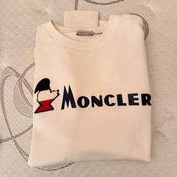 Moncler Cream Crewneck Sweatshirt with Black and Red Logo Patch