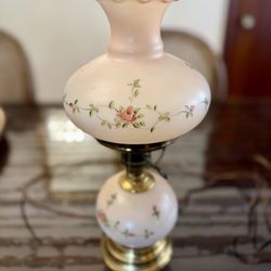 Vintage Table Lamp with Floral Glass Shade – Brass Base
