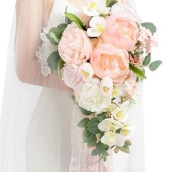 Ling's Moment Blush Bridal Bouquet Cascading, Pink Wedding Bouquets for Bride, 13 Inch Bride Bouquets for Wedding Artificial Flowers Bouquets