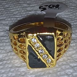 Sz10.5 18k Gold Plated Men's Signet-Style CZ Ring Dual black onyx inlay Basket-Weave Texture Unique