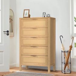 5 Tier Dresser Rattan Storage Chest With Golden Metal Handles