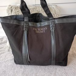 Victoria's Secret Black Canvas Faux Leather Fringe Tote Bag