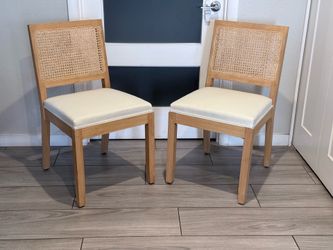 SET OF 2 RATTAN BEIGE FABRIC DINING CHAIRS ( NEW AND ASSEMBLED)