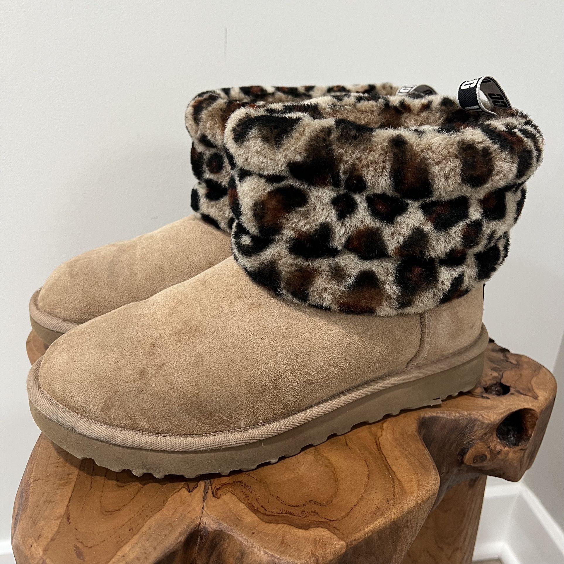 UGG Fluff Mini Quilted Leopard Cuff Ankle Boots Size US 8 Womens