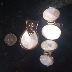 Large Moonstone Silver Bracelet And Pendant