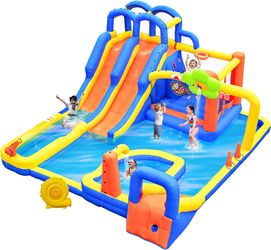 Inflatable Water 3 Slides Park with Blower, Inflatable Bounce House with Climbing Wall