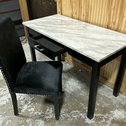 Home Office Desk & Chair in White Marble & Black Finish