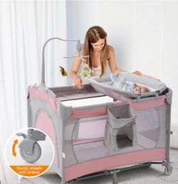 Pack and play foldable bassinet for baby NEW NUEVA cuna color rosa para niñas