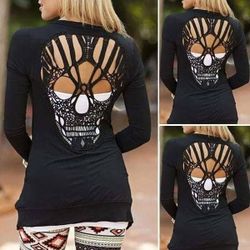 WOMEN'S SIZE SMALL SM BLACK SKULL SKELETON BONE CUTOUT DESIGN LONG SLEEVE CARDIGAN TOP SHIRT