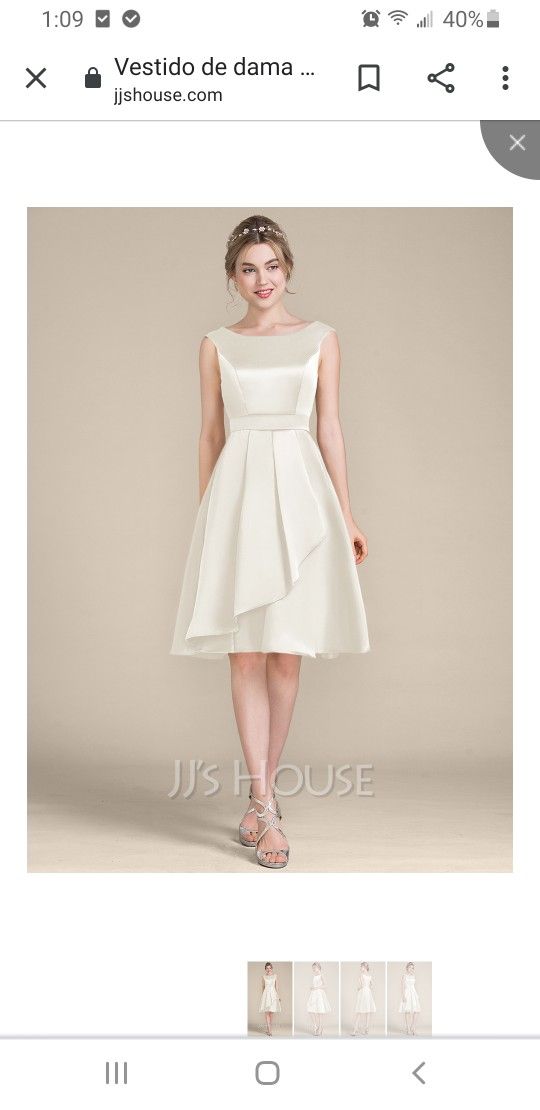 Knee-length satin bridesmaid dress with scoop neckline and cascading ruffles